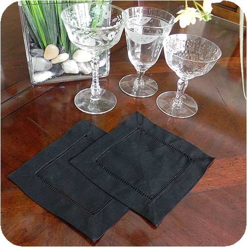 Solid Black Hemstitched Cocktail Napkins